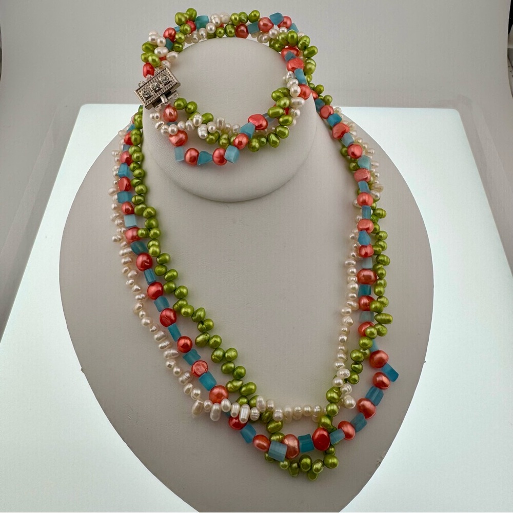 Vintage Colorful Glass and Pearl Beaded Necklace and Bracelet Set
